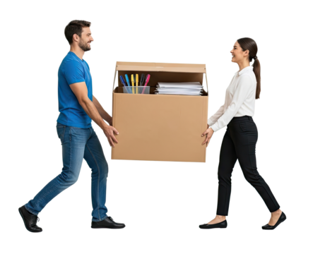 A man and a woman carrying a cardboard box with office supplies. - Powered by Adobe