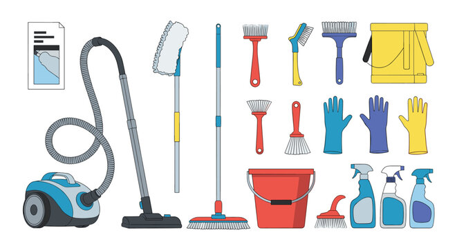 Comprehensive collection of cartoon household cleaning supplies and tools isolated on a clean and bright white background.
