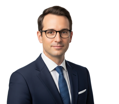 A man in a suit and tie, standing against a white background.