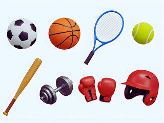 3d sports icons collection. soccer, basketball, tennis, golf, baseball, fitness, boxing, helmet