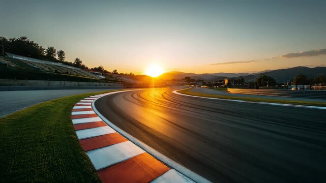 A sunny race track scene during golden hour, with a wide-angle view of a smooth asphalt racing circuit curving to the right