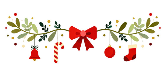 Joyful Christmas garland decoration with red bow, candy cane, ornament and stocking for festive holiday celebration