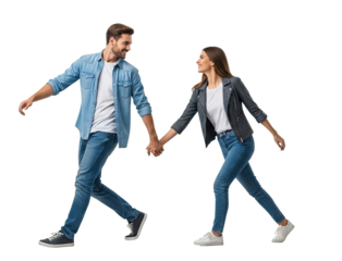 A man and a woman walking together on a white background.