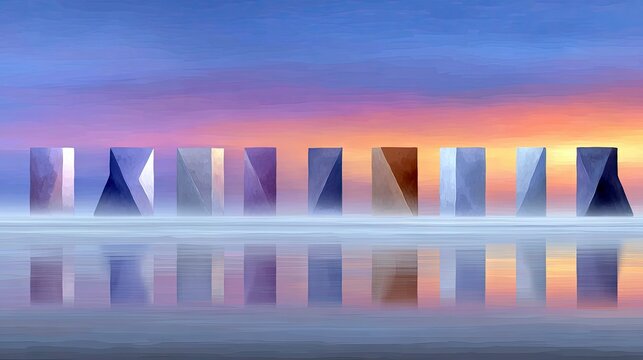 A line of abstract geometric sculptures stands on a calm body of water, reflecting the vibrant colors of a sunset sky.