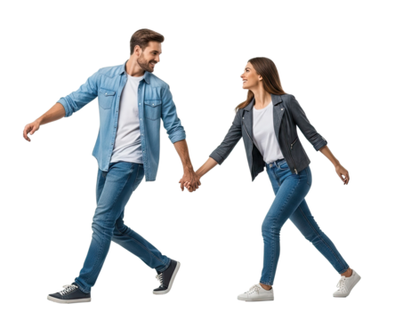 A man and a woman walking together on a white background. - Powered by Adobe