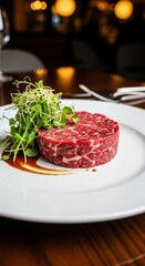 Colorful Fine Dining Dish of Lab Grown Meat Garnished with Microgreens