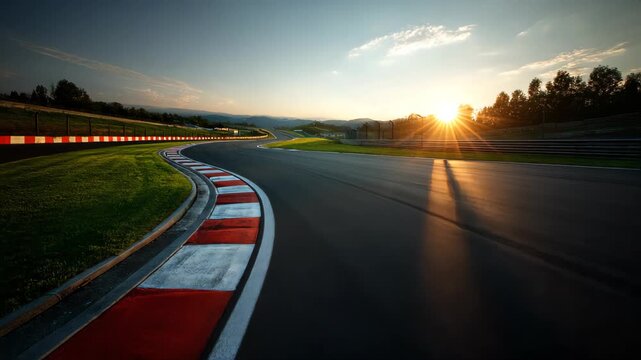 A sunny race track scene during golden hour, with a wide-angle view of a smooth asphalt racing circuit curving to the right