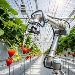 Robotic Arm Harvesting Ripe Strawberries in Greenhouse Setting