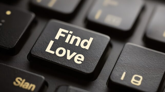 Close-up of a computer keyboard key featuring the phrase "Find Love," symbolizing online dating, connection, hope, and the search for companionship in the digital age.