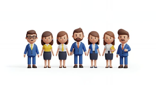Group of Diverse Cartoon Business Professionals Standing in Line in Formal Attire
