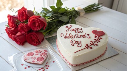 Heart-shaped Cake with Roses for Valentine's Day Celebration at Home