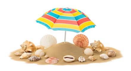 Colorful striped beach umbrella standing in a small mound of sand surrounded by various seashells and marine objects, isolated on transparent background