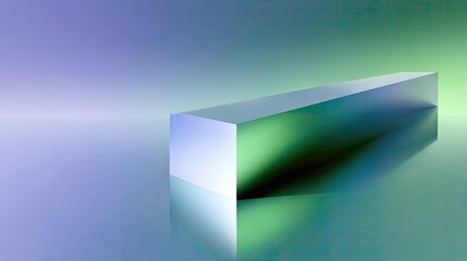 A minimalist composition featuring a sharp-edged geometric prism casting a shadow on a reflective surface, set against a smooth gradient background.