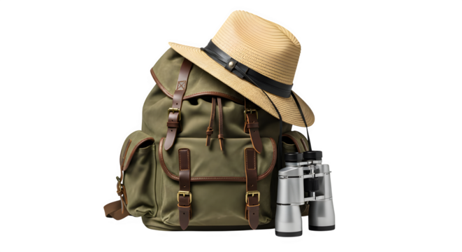 Classic green canvas backpack with leather straps, a straw safari hat, and silver binoculars, essential gear for adventure, travel, and exploration, isolated on transparent background