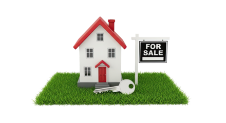 A miniature house with a red roof and a sign reading 'For Sale' on a grassy lawn.