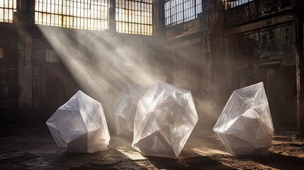 Four abstract, geometric sculptures covered in translucent plastic sheeting are illuminated by dramatic sunbeams streaming through the windows of a dusty, aband