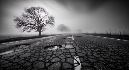 Desolate Cracked Road with Bare Tree in Foggy Misty Landscape in Black and White