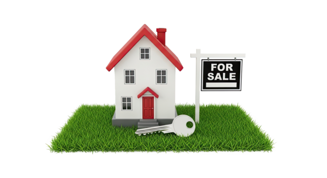 A miniature house with a red roof and a sign reading 'For Sale' on a grassy lawn.