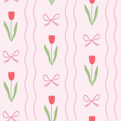 Spring cottage pattern with ribbons, bows and tulips