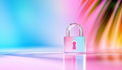 A clear glass padlock with a pink keyhole sits on a reflective surface. The background is a vibrant bokeh of blue, pink, and orange, suggesting a soft, dreamlik