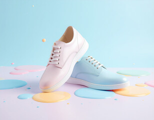 a pair of women's sneakers among the colorful puddles