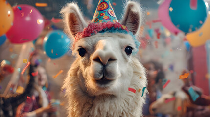 Obraz premium Llama wearing party hat celebrating birthday with confetti