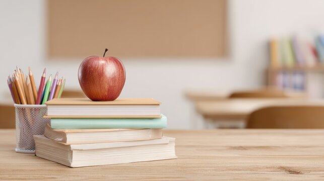 Fresh apple on stack of books in classroom setting with pencils