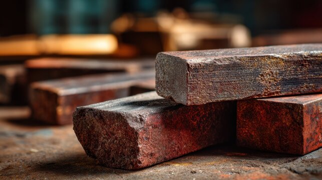 Industrial Artifacts: A close-up view unveils a collection of aged, rectangular metallic bars, resting atop each other, radiating an aura of the factory era. 