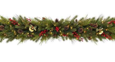 A festive Christmas garland with pine cones, berries, and lights.