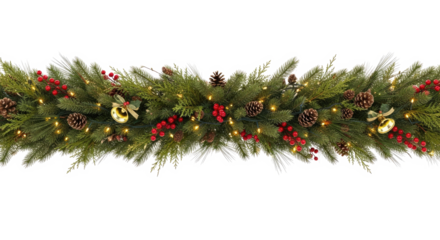 A festive Christmas garland with pine cones, berries, and lights.