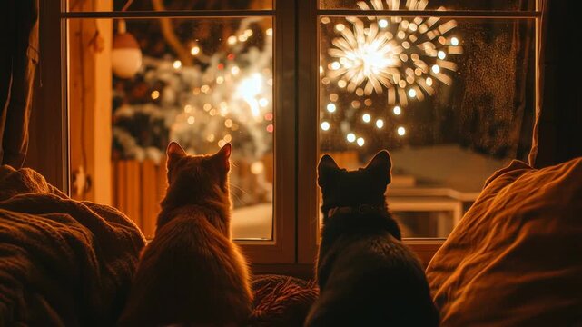 New Year's Eve fireworks seen through a warm living room window with a curious cat and dog