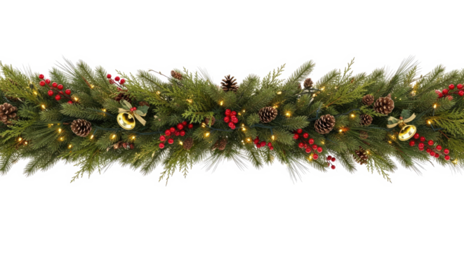 A festive Christmas garland with pine cones, berries, and lights.