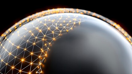 A close-up, abstract view of a reflective sphere with a glowing network of lines and interconnected orange orbs across its surface, set against a dark backgroun