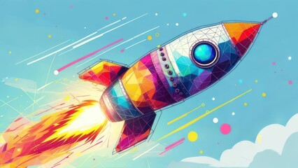 Colorful rocket ship illustration, abstract polygon design, vibrant colors, dynamic flight