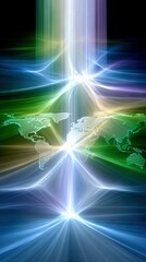 Abstract visualization of global connectivity and data flow, featuring a world map overlaid with radiant beams of light in blue, green, and purple hues against