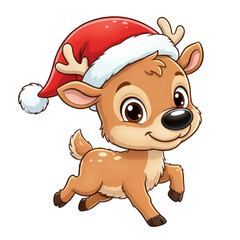 Happy cartoon reindeer running with cute Santa hat for Christmas holiday. joyful, festive animal character