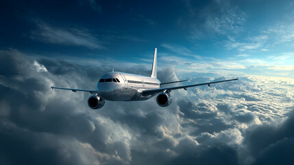 A white passenger airplane flying above the clouds, against a blue sky background, in a photorealistic style.