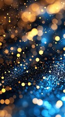 Abstract background with out-of-focus golden and blue lights, creating a magical and festive atmosphere.