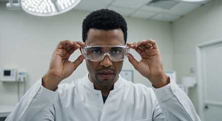 Black male doctor adjusting safety glasses in a medical setting  