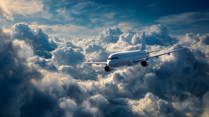 A white passenger airplane flying above the clouds, against a blue sky background, in a photorealistic style.