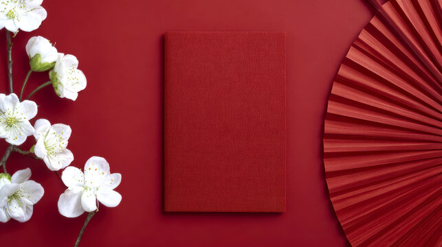 Elegant red notebook with cherry blossoms and paper fan on red background