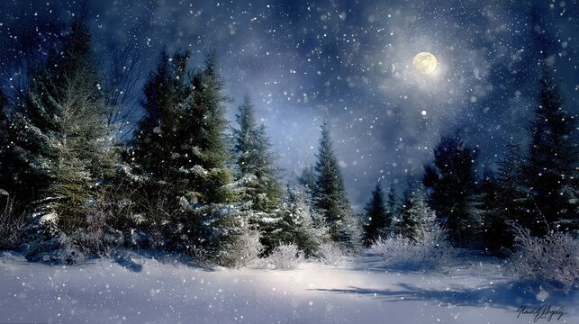 A tranquil winter night scene, trees covered in snow, fresh white snow powder against a deep blue background. Soft shadows are cast, creating a peaceful and magical atmosphere under the starry sky.