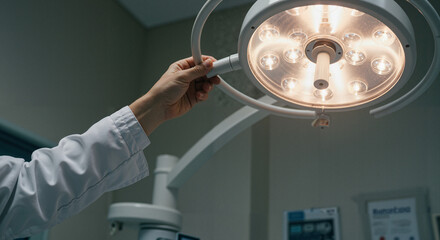 Surgeon adjusting bright operating room light before procedure  