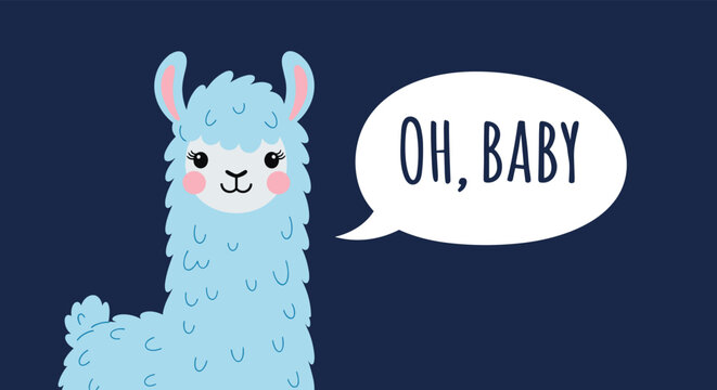 An adorable illustration of a cute, fluffy blue llama with a speech bubble that says 'Oh, Baby,' ideal for a baby shower card.