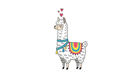 Naklejka premium An adorable cartoon illustration of a cute white llama in love, with hearts floating above its head, isolated on a white background.
