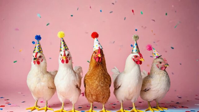 Funny group of chickens wearing festive party hats standing in a row with falling confetti. Humorous animal celebration concept for a birthday greeting card or special event invitation