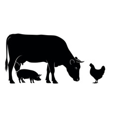 Black silhouettes of farm animals on a white background.