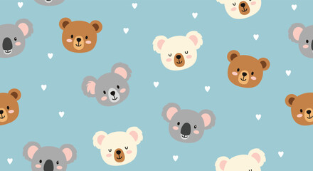 Obraz premium A sweet and adorable seamless pattern of cute cartoon bear and koala faces with little white hearts on a light blue background.