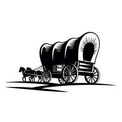 Covered wagon pulled by horses in black and white. © Diki
