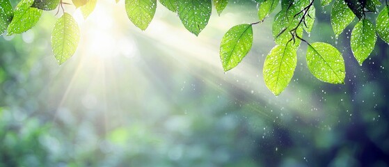 Close-up of vibrant green leaves with visible water droplets, bathed in soft sunlight filtering through a forest canopy. The background is softly blurred, creat